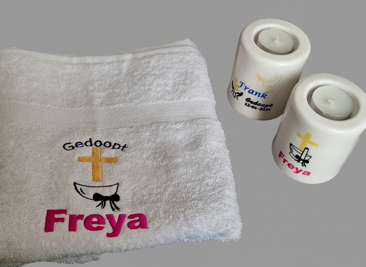 Handdoek doopfeest met tekst en doopkaarsen