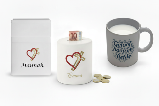 Communie cadeau met naam - spaarpot, geschenkdoos en mok met kruis en naam