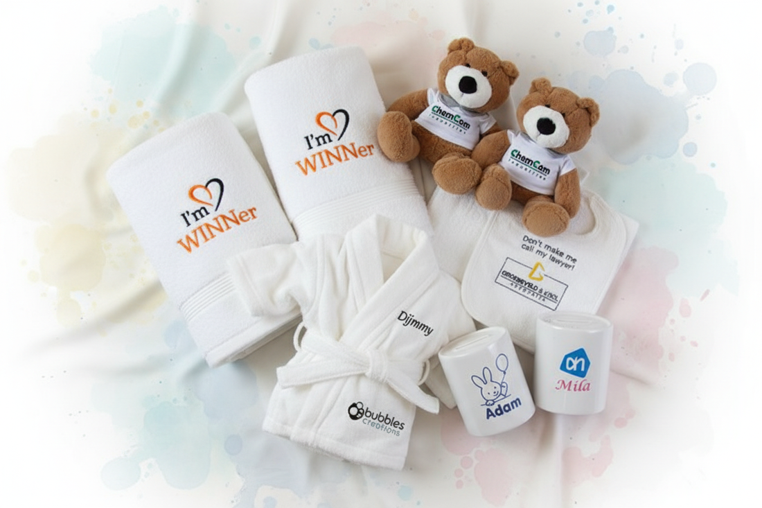 Kraamcadeaus met logo voor bedrijven – gepersonaliseerde baby cadeaus met naam en bedrijfslogo