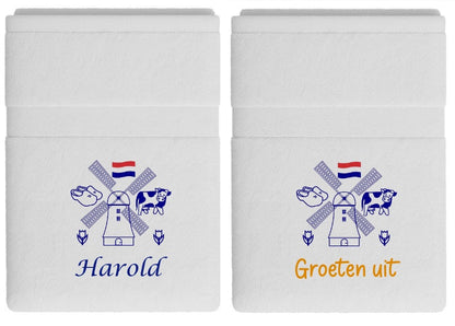 Handdoek met Molen en Naam een Typisch Nederlands Cadeau - Gepersonaliseerd Cadeau - In-house Geborduurd