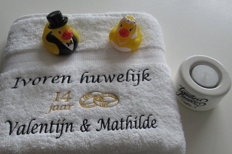 Ivoren huwelijk cadeau | 14 jaar getrouwd - Gepersonaliseerd Cadeau - In-house Geborduurd
