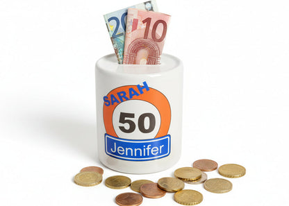 Spaarpot met Naam en Verkeersbord – Abraham Sarah Cadeau - Gepersonaliseerd Cadeau - In-house Geborduurd