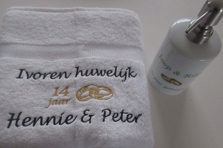 Ivoren huwelijk cadeau | 14 jaar getrouwd - Gepersonaliseerd Cadeau - In-house Geborduurd