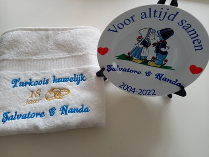Tukoois huwelijk cadeau | 18 jaar getrouwd - Gepersonaliseerd Cadeau - In-house Geborduurd