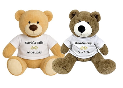 Huwelijksknuffel met Namen & Trouwringen Bruin - Gepersonaliseerd Cadeau - In-house Geborduurd