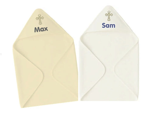 Baby  doop cadeau badcape met naam en heilig kruis, christelijk doopcadeau 