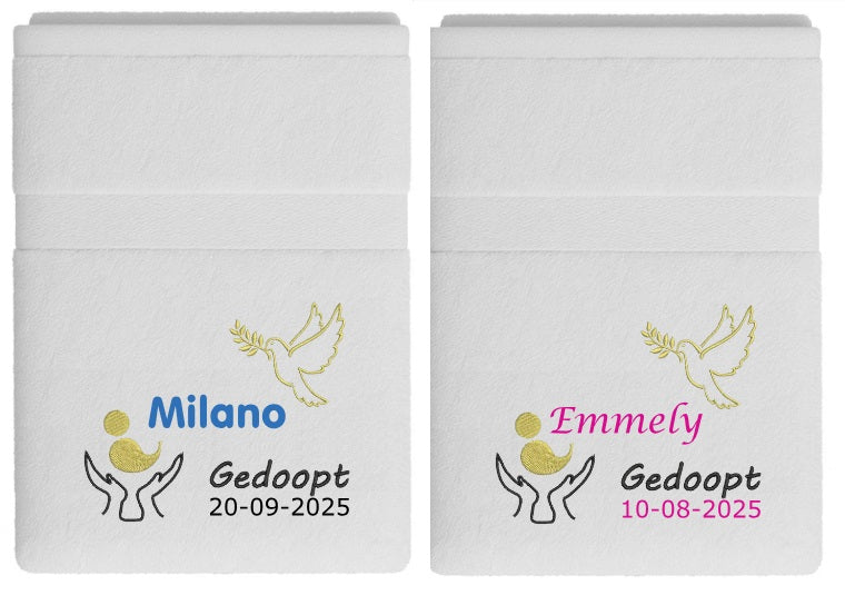 Doop cadeau handdoek met naam, doopdatum en doop symbolen