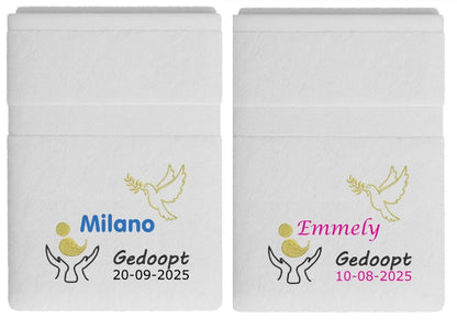 Doop cadeau handdoek met naam, doopdatum en doop symbolen