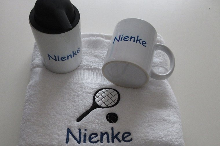 Tennis handdoek met naam en zeeppomp- Gepersonaliseerd Cadeau 