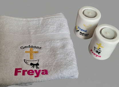 Handdoek doopfeest met tekst en doopkaarsen