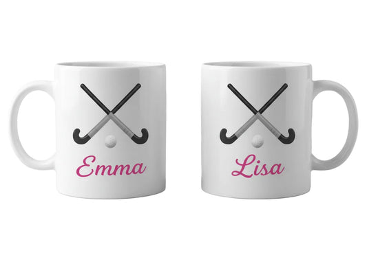 Hockey mok cadeau met  en naam en afbeelding van 2 hockeysticks en bal