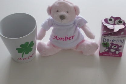 Mini knuffelbeertje met naam roze of blauw Roze - Gepersonaliseerd Cadeau - In-house Geborduurd