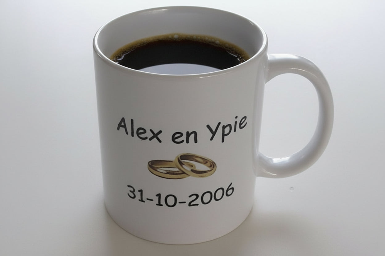Koffiemok met Namen en trouwdatum 