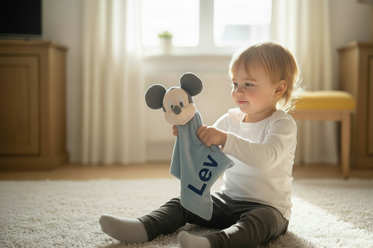 Mickey Mouse knuffeldoekje met naam geborduurd.