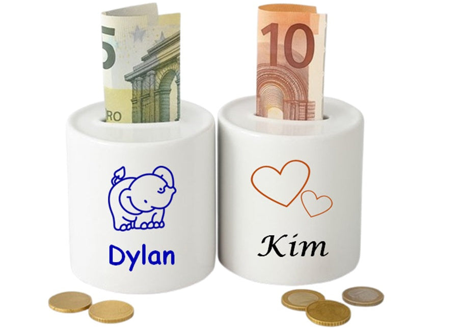 Spaarpot met naam en afbeelding - gepersonaliseerd kraamcadeau