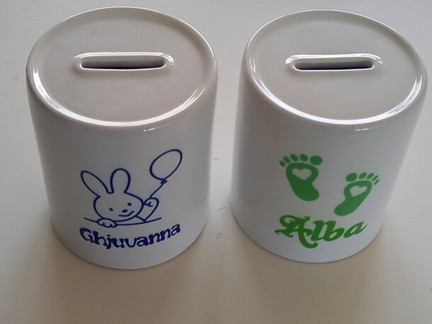 Spaarpot met naam voor jongens - blauw met konijn of tractor afbeelding