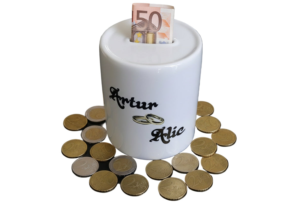 Spaarpot voor verloofd stel met naam en ringen van goud