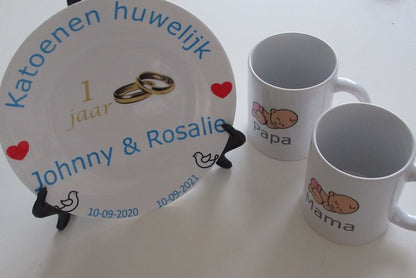 Ontwerp zelf je bord voor katoenen huwelijk met namen gouden ringen en jaartallen €15.99