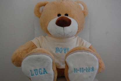 Geboorte Knuffel met Naam en Geboortedatum 40 cm Bruin - Gepersonaliseerd Cadeau - In-house Geborduurd