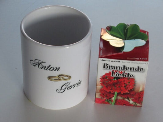 Bloempot Jubileum met Namen en Ringen – Huwelijkscadeau