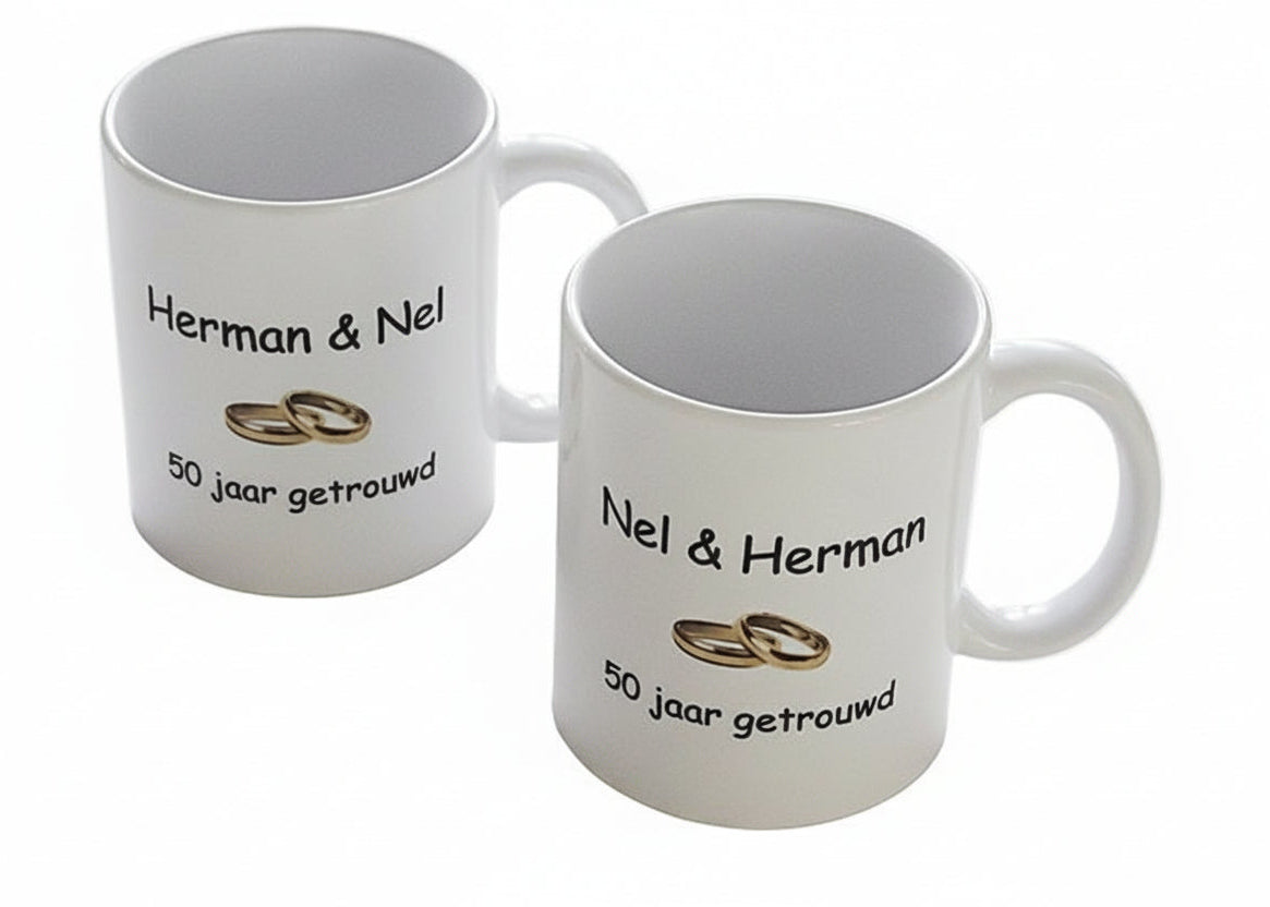 Koffiemok Jubileum met Namen – Gepersonaliseerd Huwelijkscadeau - Gepersonaliseerd Cadeau - In-house Geborduurd
