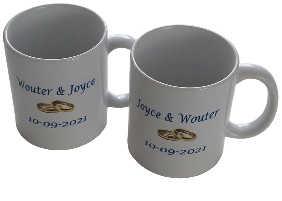 Koffiemok met namen en trouwdatum huwelijkscadeau