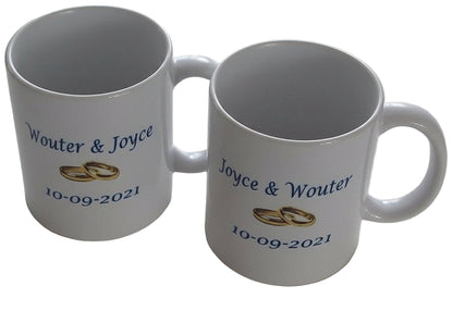 Koffiemok met namen en trouwdatum huwelijkscadeau