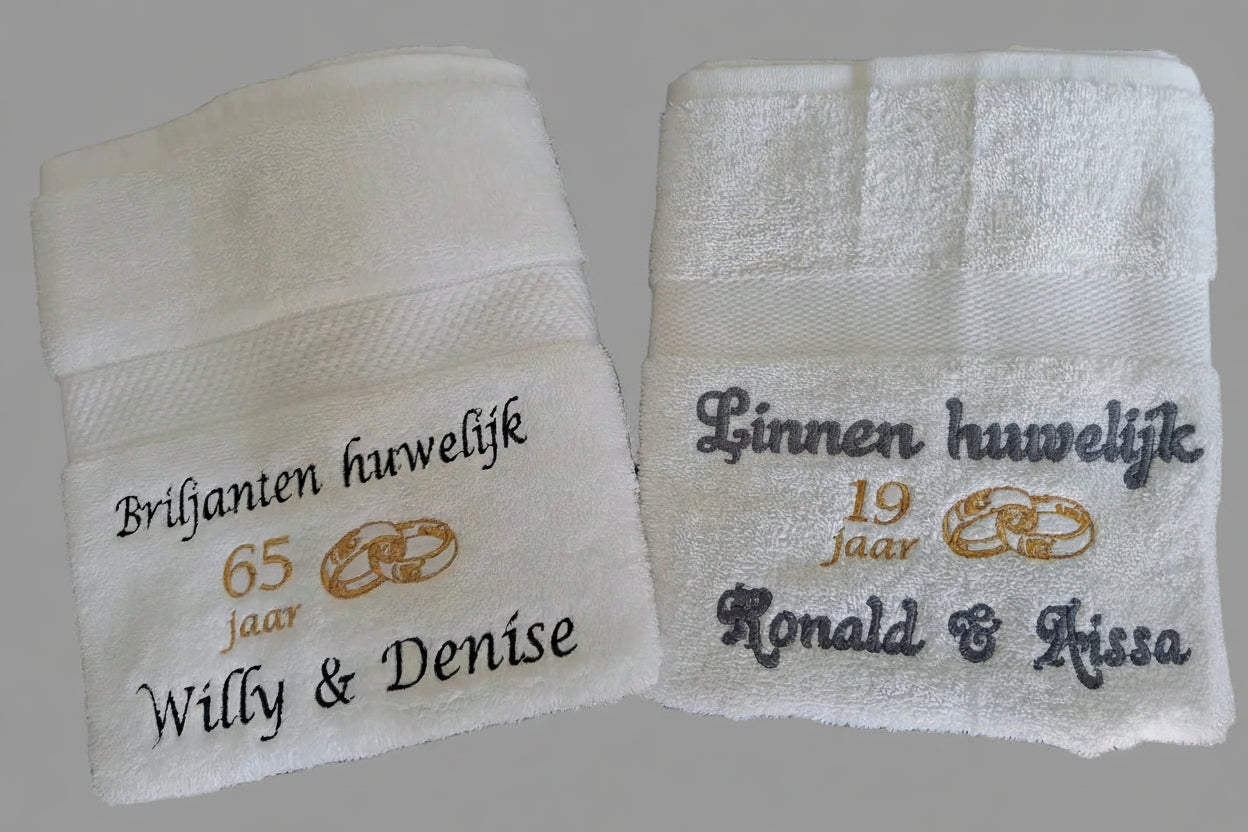 Linnen huwelijk cadeau | 19 jaar getrouwd - Gepersonaliseerd Cadeau - In-house Geborduurd