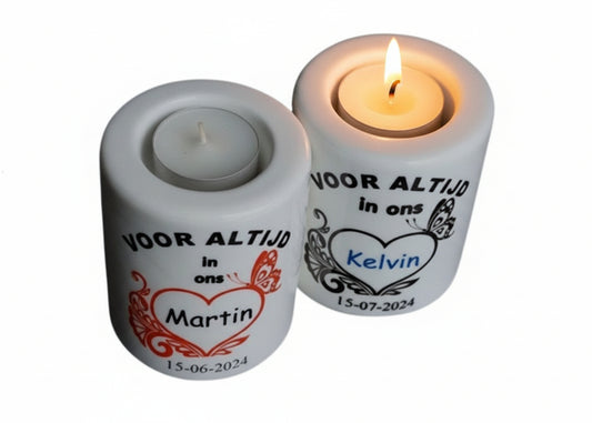 Gedenklichtje met Naam en Vlinder | Voor Altijd in Ons Hart