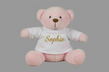 Mini knuffelbeertje met naam roze of blauw Roze - Gepersonaliseerd Cadeau - In-house Geborduurd