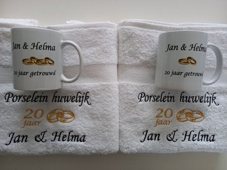 Porselein huwelijk cadeau | 20 jaar getrouwd - Gepersonaliseerd Cadeau - In-house Geborduurd