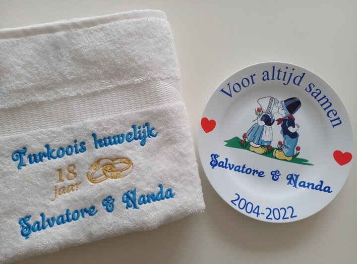 Turkoois huwelijk cadeau | 18 jaar getrouwd - Gepersonaliseerd Cadeau - In-house Geborduurd